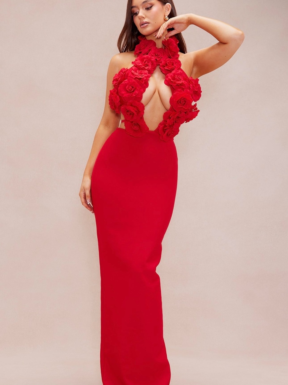 Fashion Nova Red Floral Applique Halter Maxi Dress size small S